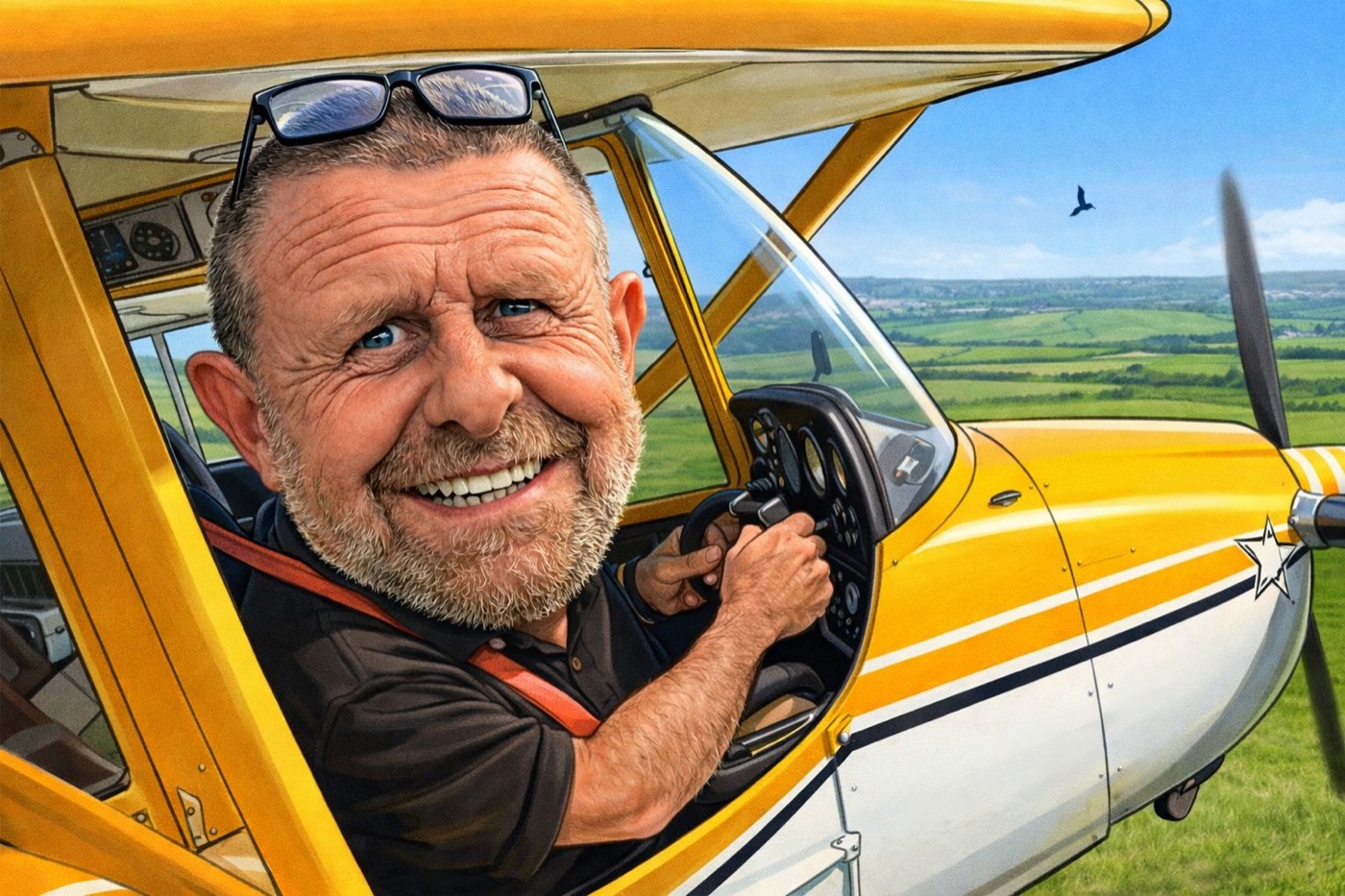 Smiling WoollyAir captain sitting at the controls of a yellow light aircraft